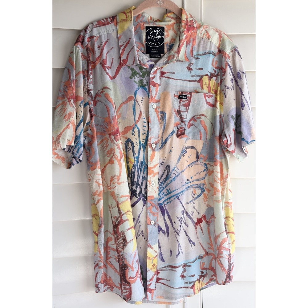 Sage Vaughn x RVCA Button up Shirt mens L Reg Fit Artist Colorful Painting Aloha